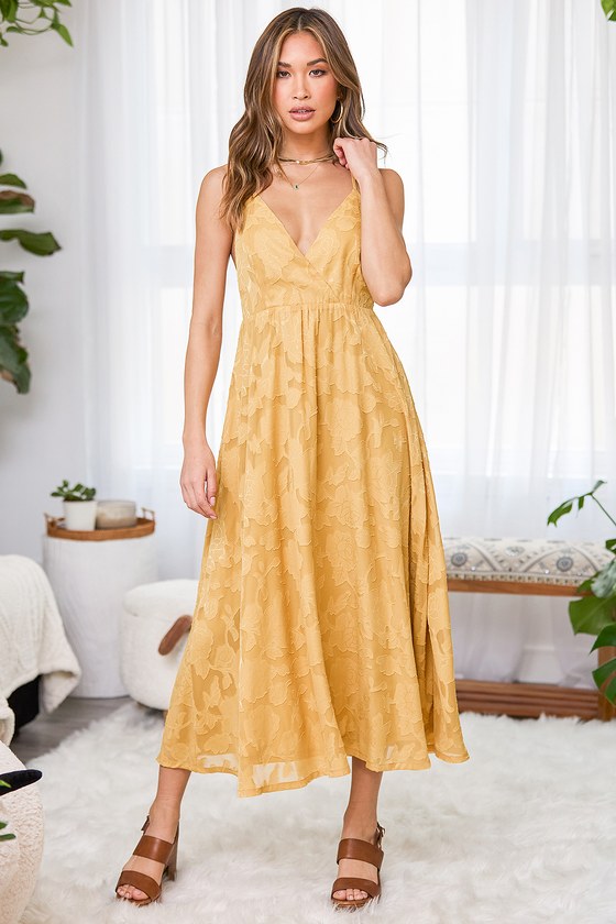 Yellow Floral Dress - Jacquard Midi ...